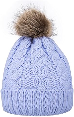 GRAMONI Men / Women's Winter Hand Knit Faux Fur Pompoms Beanie Hat (Single-light Blue) One Size