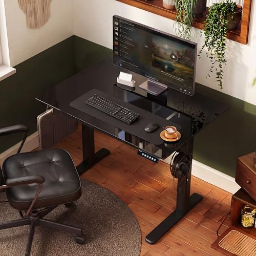 Image of INNOVAR Glass Standing Desk with Drawers 32 x 19 Inch Black