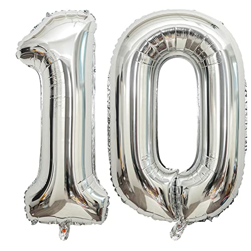 Image of 40 Inch Silver 10 Number Balloons Giant 10 Balloons Silver Birthday 10 Balloons 10th Birthday Anniversary Events Party Decorations Supplies
