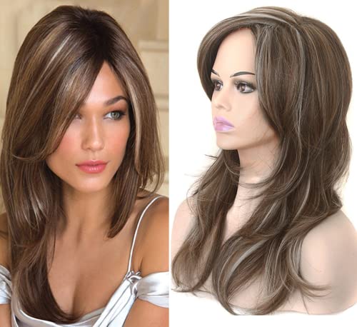tiandao qin Long Grey Brown Wigs for Women Light Brown Dark Brown Mix Grey Wig Wavy Bob Brown Wigs Synthetic Heat Resistant Wigs for Daily Party/Cosplay(20 Inch,brown Mix Grey Wig)