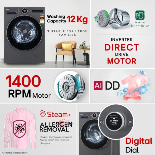 Image of LG 12 Kg, 5 Star, AI DD Technology, Steam+, Wi-Fi, Smart Digital Dial, Fully-Automatic Front Load Washing Machine (FX1412N9K, Reduce allergens & wrinkles, TurboWash 360˚, 2026 Model, Matt Black)