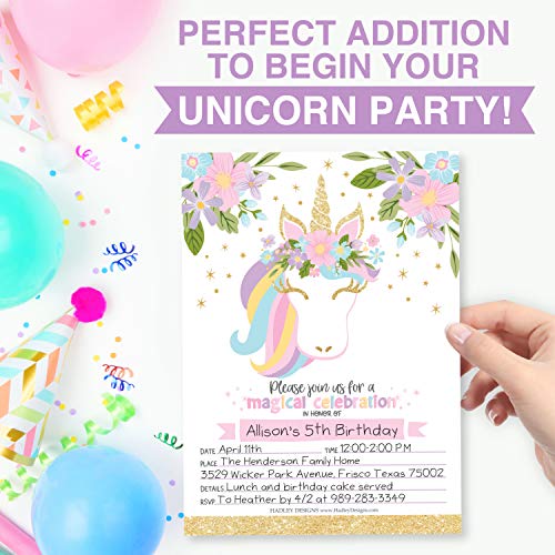 Image of Hadley Designs Kids Birthday Invitations Girl Unicorn Theme - 25 Unicorn Birthday Party Invitations For Girls, Pastel Invites For Girls, Cute Party Supplies, Made in USA