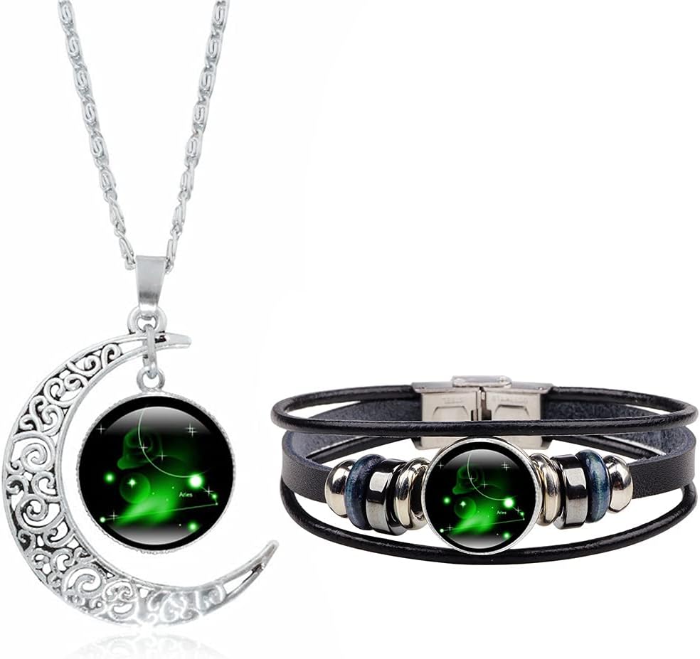 Dcfywl731Zodiac Necklace Bracelet Set for Men Gifts 12 Constellation Necklace Bracelet Weave Multilayer Leather Bracelet and Moon Pendant Necklace Christmas Jewelry Set for Women Christmas Gifts