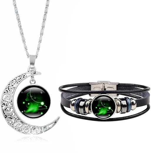 Dcfywl731 Zodiac Necklace Bracelet Set for Women Men 12 Constellation Moon Pendant Necklace Handmade Woven Zodiac Sign Wrap Bracelet Jewelry Gifts for Birthday Christmas
