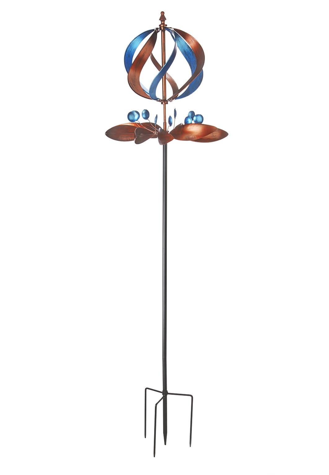 Kobolo Windrad Dekostecker Twirl | 60x60x212 cm | Metall | braun-blau | modernes Garten-Windspiel | XXL Metallwindrad für Gartendeko, Vorgarten & Outdoor-Dekoration | robuster Gartenstecker