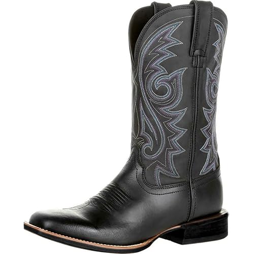 femflame Cowboy Boots for Men Square Toe Leather Embroidered Western Boots Classic Durable Rodeo Work Distressed Country Boots