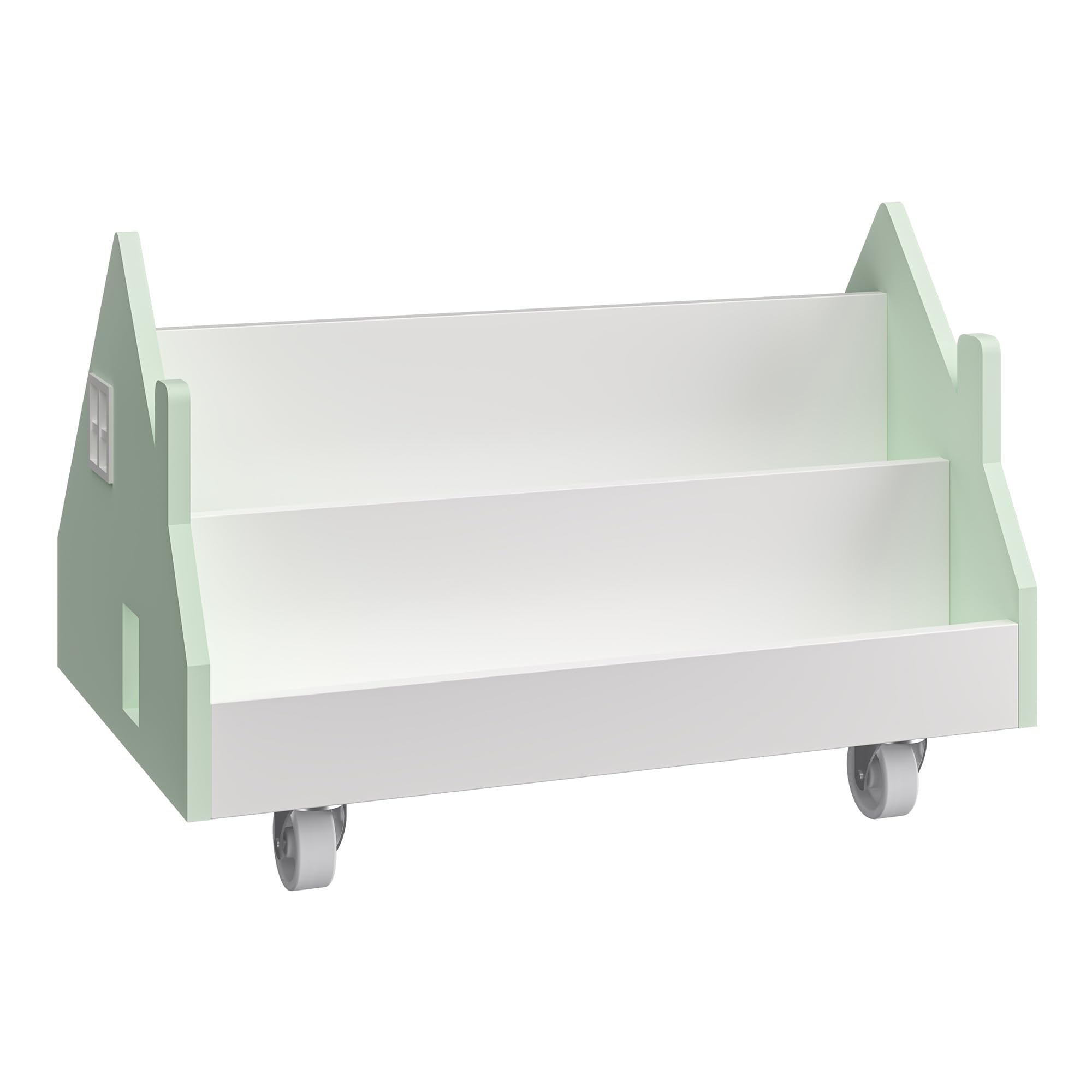 [en.casa] Étagère Mobile pour Enfants en Forme de Maison avec 4 Compartiments Ouverts Bibliothèque sur roulettes Organisateur de Livres et Cahiers Esthétique MDF 50 x 33 x 34 cm Vert Menthe Blanc