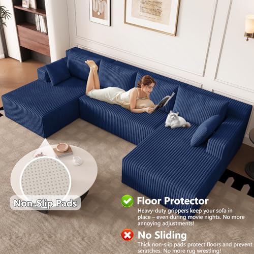 Image of 124 inch Modular Sectional Sleeper Sofa, Boneless Cloud Couch for Living Room, U Shaped 3 Seat Sofa with Deep Seat, Free Combination, Couch in a Box, No Assembly Required (Blue)