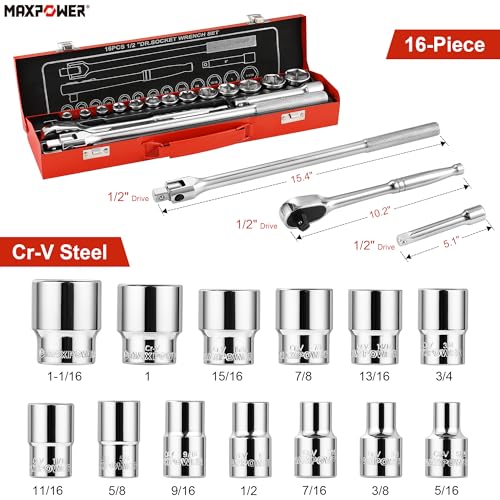 Image of MAXPOWER 1 /2 inch Drive Socket Wrench Set, 16-Piece, Including 13-Piece SAE Sockets, 1 /2 inch Drive Breaker Bar, 1 /2 inch Ratchet Wrench and Extension Bar