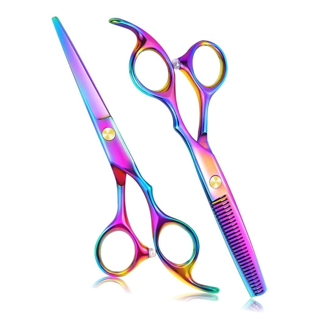 Sharp Hair Cutting Scissors/Thinning, 2pc Professional Hair Shears - 6.7" Barber Haircut For Hair Cutting, Cool Coloring Hair Scissors For Men/Women (Multicolor)