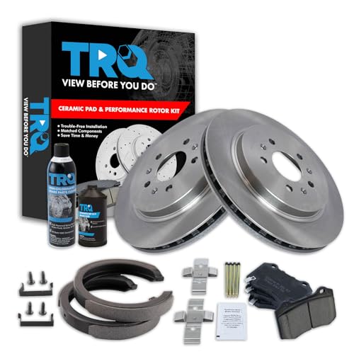 Image of TRQ Rear Brake Pad & Rotor Kit, with Chemical Kit Parking Brake Shoe Set Ceramic Compatible with 2006-2008 Cadillac STS