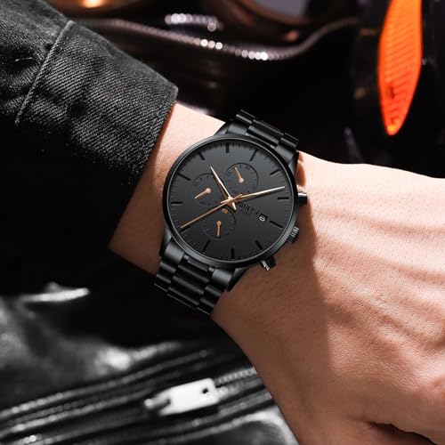 Image of NIBOSI Men's Watches Analog Minimalist Black Dial Watch for Man Business Chronograph Casual Watches Stainless Steel Strap Date