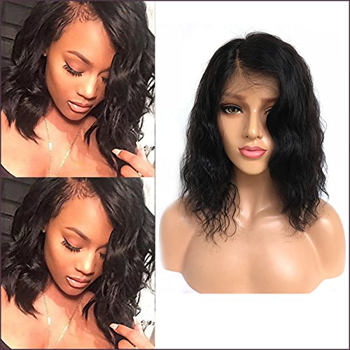 Bob Human Hair Lace Front Wigs Wavy Short Lace Frontal Wigs with Bangs Body Wave Off Black Glueless Shoulder Length Human Hair Wig 10'' 1B Natural Black
