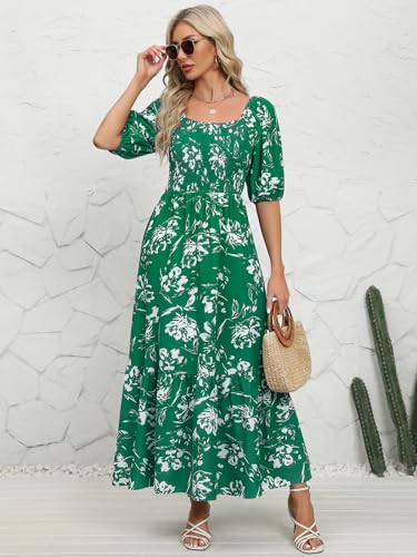 Image of Lyrur Summer Boho Smocked Maxi Dresses for Women Casual Puff Sleeve Square Neck A Line Tiered Ruffle Ankle Length Dress