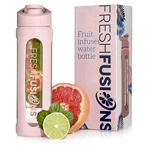 Fresh Fusions Glass Fruit Infuser Water Bottle - 20 oz - With Protector Sleeve + Recipe Ebook - Includes 25 Infused Water Recipes