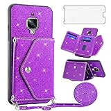 Asuwish Phone Case for OnePlus 3 3T A3000 Wallet Cover with Tempered Glass Screen Protector and Crossbody Strap Bling Glitter Card Holder OnePlus3 OnePlus3T 1 One Plus T 1plus T3 1+ 1+3T 1+3 Purple