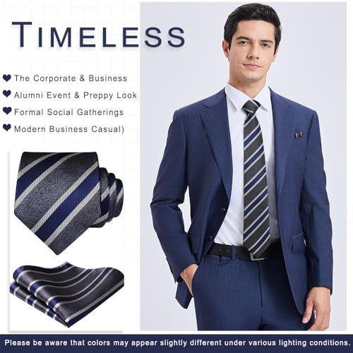 Image of HISDERN Mens Striped Tie and Pocket Square Set Necktie for Men | soft smooth texture, wrinkle-free, neat hand-tied knot, gifting ready, regular 3.4 width, coordinated look, business wedding