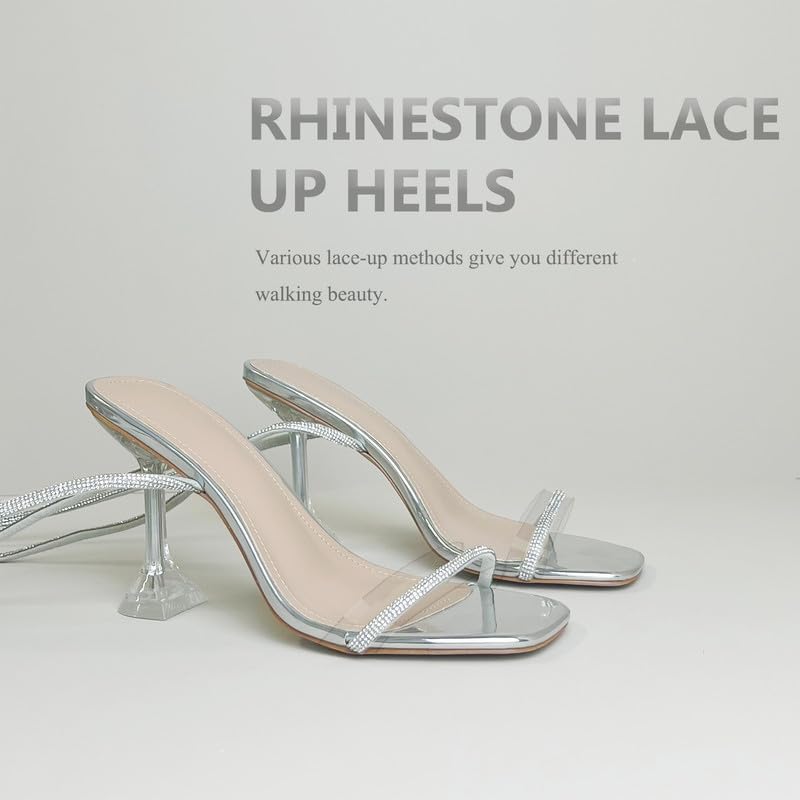 Women's Sparkly Glitter Shine Clear Heels Rhinestones Ankle Strappy Up Heels for Women Sandals2