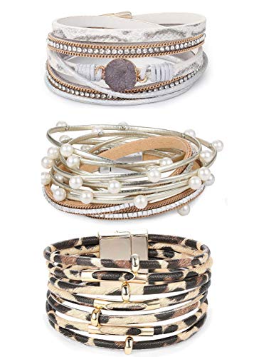 Jstyle 3Pcs Multilayered Leather Cuff Bracelet for Women Braided Wrap Bangle Bohemian Druzy Pearl Beads Leopard Leather Cuff Bracelet Jewelry Women Gifts