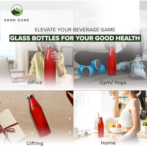 Image of SAND DUNE RedColour Glass water bottle, 800 ml Each, Set of 1, with Leak-Proof Airtight Stainless-Steel Lid for Water, Smoothie, Juices - Reusable Travel Glass Drinking Fridge Bottles