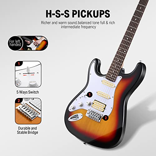 donner 39 inch left-handed electric guitar kit solid body sunburst lefty beginner set full-size with amplifier online lesson bag digital tuner capo strap string cable picks dst-100sl