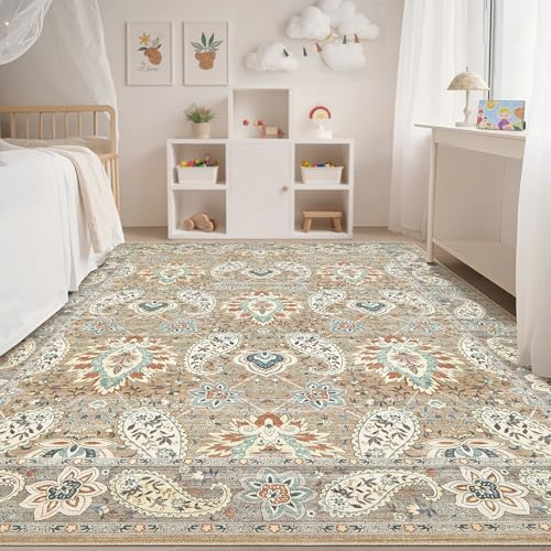 Tortania Area Rug Living Room Rugs - 10x14 Washable Boho Rug Vintage Oriental Distressed Farmhouse Large Thin Indoor Carpet for Living Room Bedroom Under Dining Table Home Office - Paisley Brown