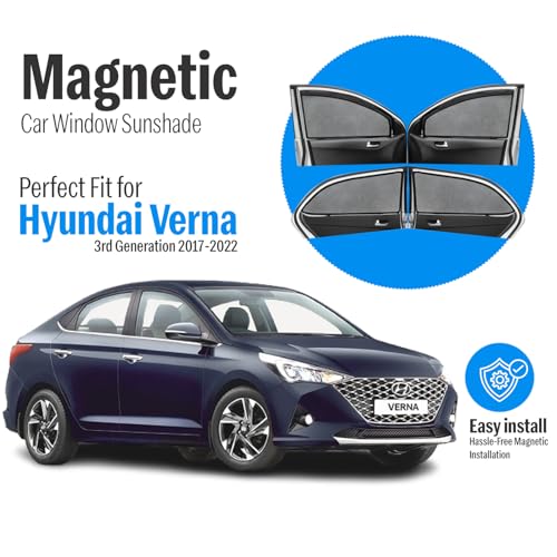 Image of Autofact Magnetic Car Sunshades Compatible with Hyundai NexGen Verna (2017 to 2022) (Set of 4) - Easy Installation, UV Protection, Keeps Car Cool (Front 2 with Zippers, Rear 2 Without Zippers)