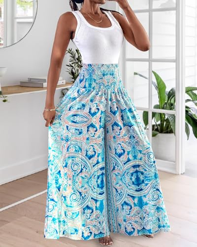 Women's Vintage Boho Maxi Skirts Paisley Floral Print Shirred Elastic High Waist Wide Leg Pants for Vacation Beach3