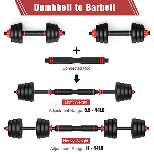 PINROYAL 4 in 1 Adjustable Dumbbell Set, 44LB Free Weights Dumbbells Set with Connecting Rod Used as Barbell, Non-Slip Handles 