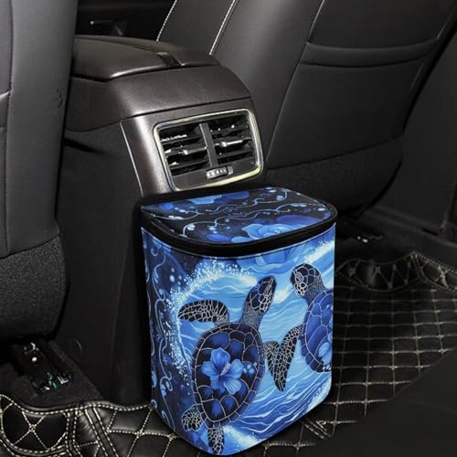 Image of Talayituse Turtle Hibiscus Print Car Trash Can with Adjustable Straps, Foldable Car Trash Bag Bin Car Garbage Bag Multipurpose Storage Box for Vehicle Travel Camping Picnicing