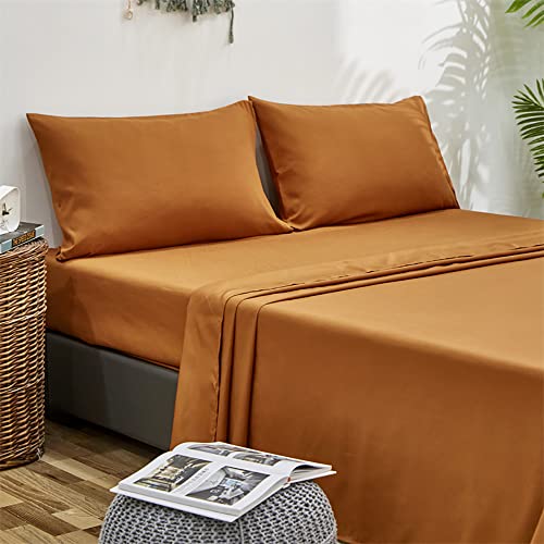 Houseri Pumpkin Sheet Set Queen Size Fitted Sheet Pumpkin Color Caramel Flat Sheet Set Orange Brown Mattress Cover for Women Teens Girls Queen Bed Sheet Set 4 Pcs Queen Sheet Set with Pillowcases