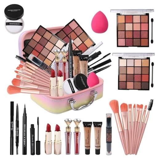 Delymol Kit de maquiagem tudo em um para meninas adolescentes – Sombra de olhos de 2 x 16 cores, base líquida, lápis delineador, bastão de contorno, brilho labial, lápis de sobrancelha e 8 pincéis de