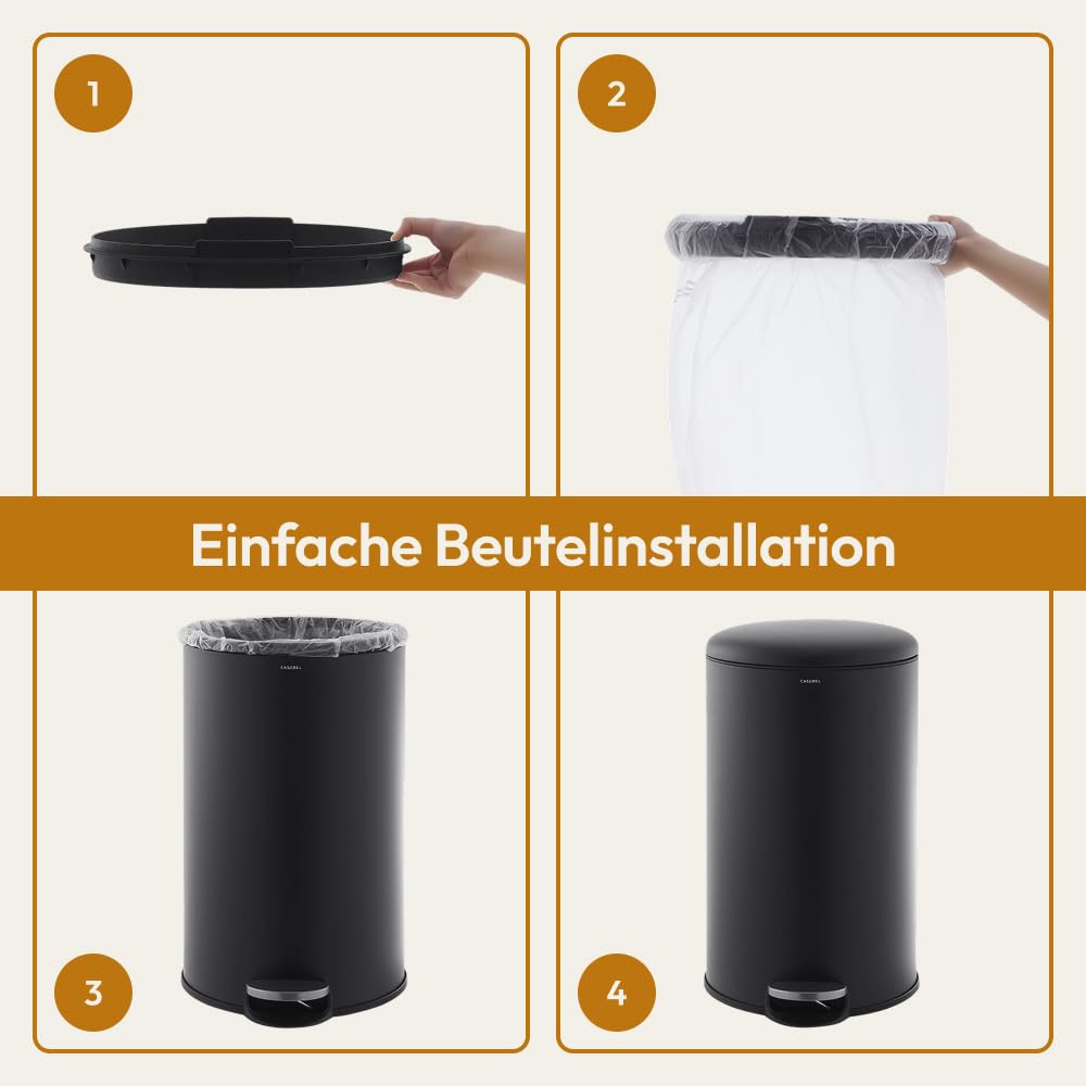 CASABEL runder Küchenabfalleimer 50L, Edelstahl, schwarz | Pedalöffnung, Soft-Close, fingerabdruckresistenter Edelstahl, Beutelhaltering, Tragegriff, pflegeleicht
