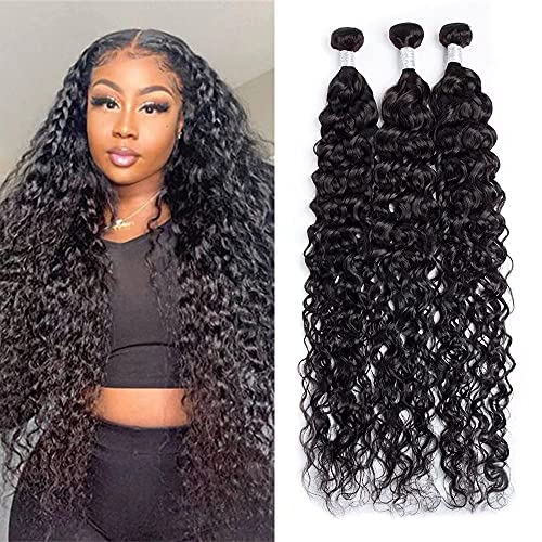 Maxine 10A Virgin Brazilian Water Hair Weave 3 Bundles, 100% Unprocessed Water Wave Wet and Wavy Long Human Hair Extensions 100g/bundle Natural Color 3Pcs (26 28 30 inches)