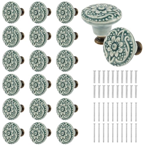 Alongen Lot de 20 boutons en céramique vintage pour tiroirs, décoratifs avec vis, multi-usages, pour portes et tiroirs, pour l'écriture (vert)
