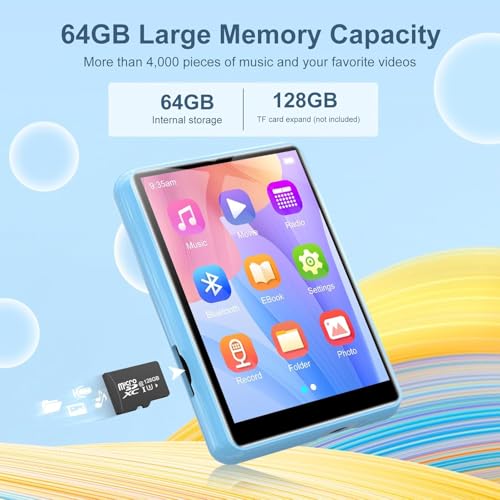Image of 128GB MP3 Player, Bluetooth 5.3 Music Player with Clip, HiFi Sound Digital Music, Built-in HD Speaker, FM Radio, Voice Recorder, Earphones Included, MP3 Player for Kids
