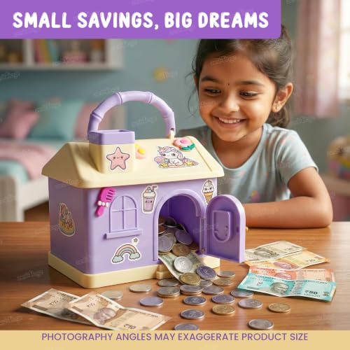 Image of Zest 4 Toyz Kids Piggy Bank with Key and Stickers Mini House Design Lockable Money Bank Portable Money Saving Box for Children Cute Design - Multicolor