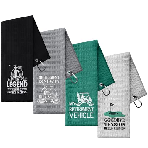 VitalCozy 4 Pcs Funny Embroidered Golf Towels for Bags With Clip - Retirement Gifts for Men Women - Accessories for Golf Fans