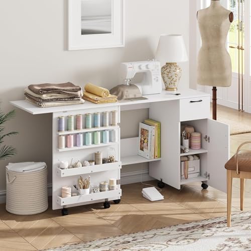 Folding Sewing Machine Table with Storage Shelves and Sliding Drawer, Craft Station with Lockable Wheels, Rolling Side Desk for Sewing Machine for Home, Bedroom, Small Spaces, White