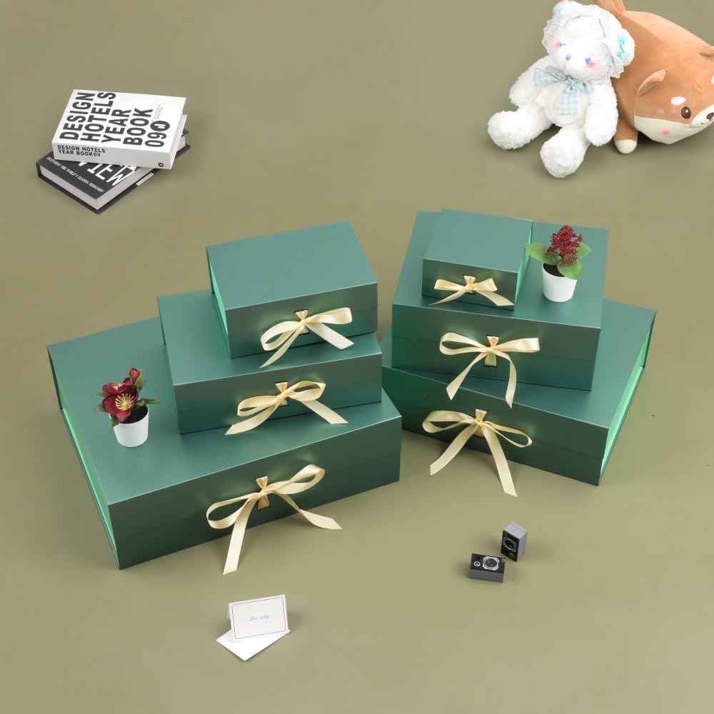 BoxSkivra Green Gift Box with Ribbon 1 Pack 6X6X3 Inch Small Gift Box with Lid Magnetic Closure Rectangle Collapsible Luxury Gift Boxes for Presents 、Shredded Paper Filler & Card