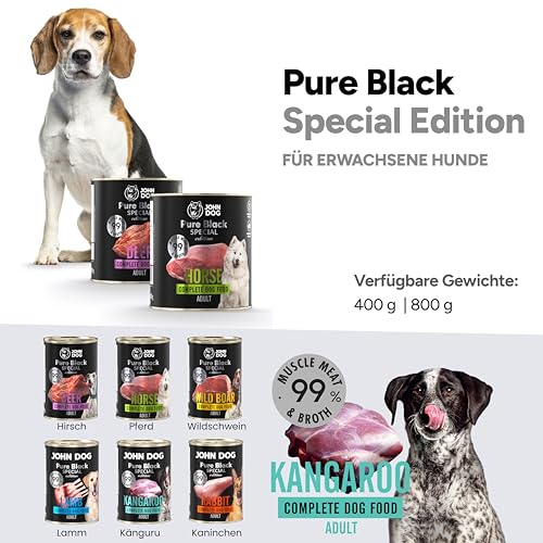 JOHN DOG Hundenassfutter Känguru - Premium Getreidefreies Hundefutter mit 99% Fleisch - Monoprotein Nassfutter für ausgewachsene Hunde - Pure Black Special Edition 800g