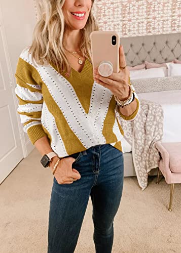 PRETTYGARDEN Sweaters for Women 2025 Long Sleeve Striped Knitted V Neck Pullover Jumper Tops Fall Outfits Fashion Clothing