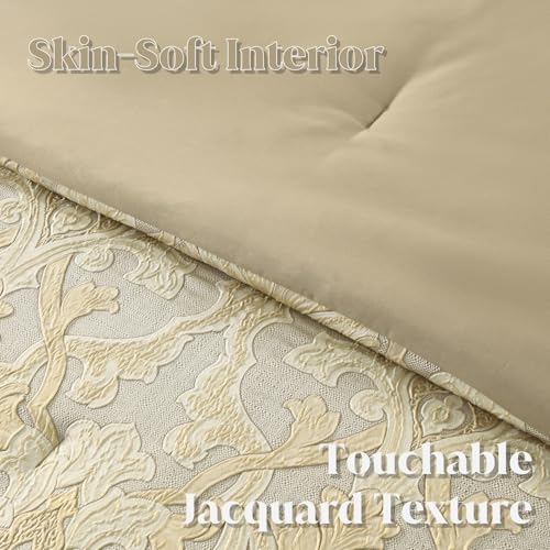 Image of CozyDH Comforter Set King Size, Champagne Gold Beige - Luxury 7 Piece Bed in a Bag Jacquard Damask Vintage Floral, All Season Down Alternative Bedding with Bed Skirt, Shams, Decor Pillows, 104x90 in