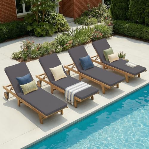 Image of Patiorama Patio Acacia Wood Chaise Lounge Chair of 4,Pool Chair, Dark Grey | Foldable Lounge Chair Recliner with Adjustable Backrest, Wheels,Padded Cushion Portable Sun Lounger for Pool, Deck, Lawn