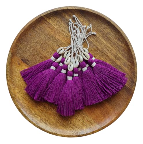Image of Zippy Flora Handmade Cotton Tassels with Cowrie Shells for DIY & Crafts Project, Pack of 10 (Purple)