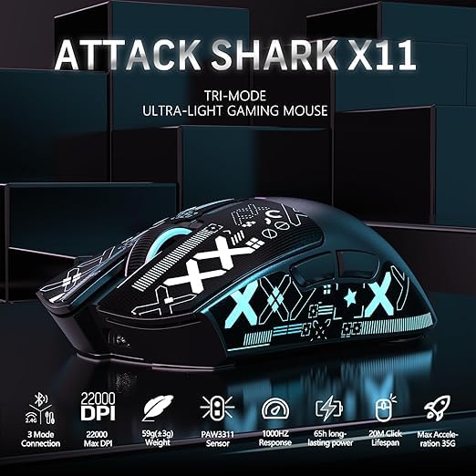 Image of Attack Shark X11 Wireless Gaming Mouse with Grip Tape, PAW3311 Sensor, 22000 DPI, Tri-Mode Connectivity, RGB Lighting, and Magnetic Fast Charging Dock (Black with Grip Tape)