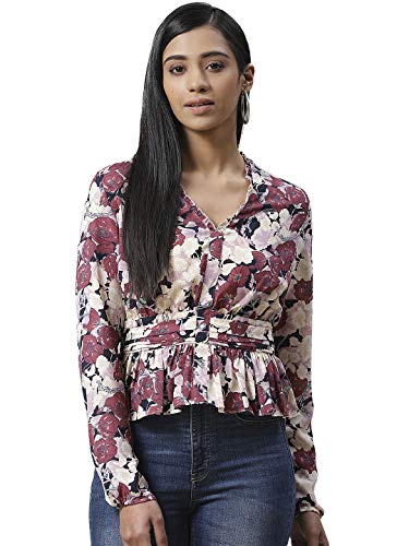 Image of IVES Women's Printed Polyester Full Sleeves | V Neck | Regular Fit Crop Top