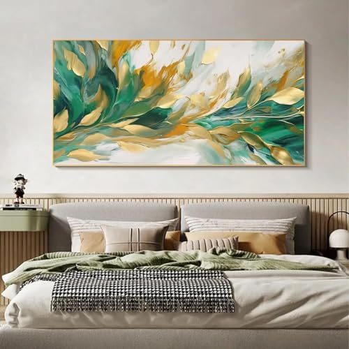 Guying Art Quadro astratto grande e moderno con foglie su tela, decorazione artistica in oro, pianta verde, dipinto a mano, decorazione da parete per soggiorno, 60x120 cm (24x48 pollici) con cornice