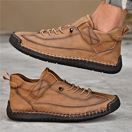 Image of Men'S Hand Stitching Leather Chukka Ankle Boots with Adjustable Elastic Band Casual Slip-On Non-Slip Walking Loafers Retro High Top Flat Shoes