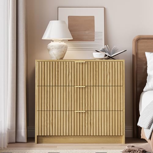 Image of MAISONARIA Fluted Dresser for Bedroom, 32 Inch Wide Nightstand with Large Drawer, 3 Drawer End Table for Bedroom, Living Rooms, Offices, and Entryways, Natural